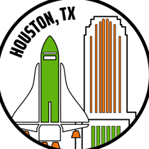 a green rocket and orange and white buildings