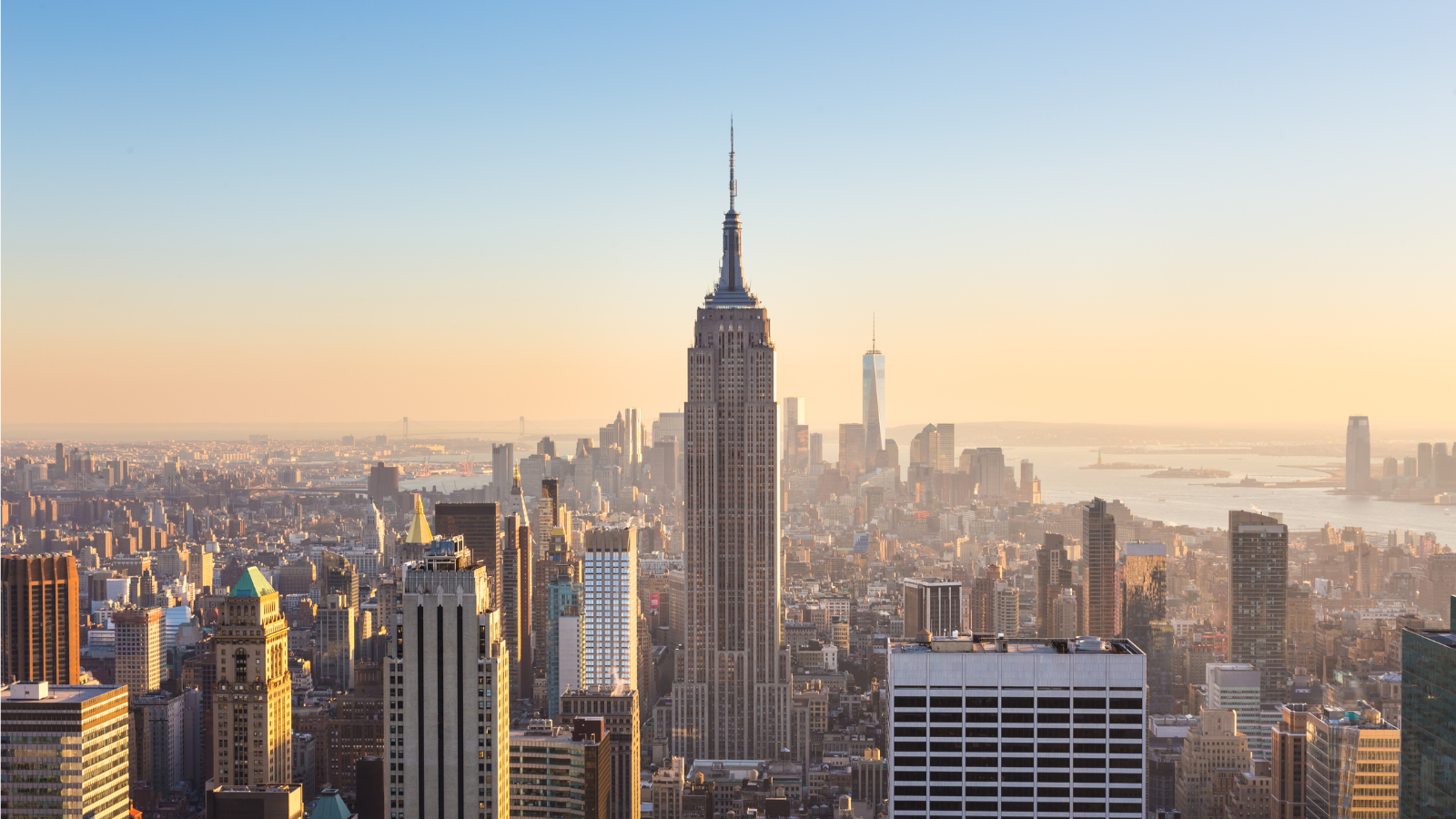 a city skyline with tall buildings