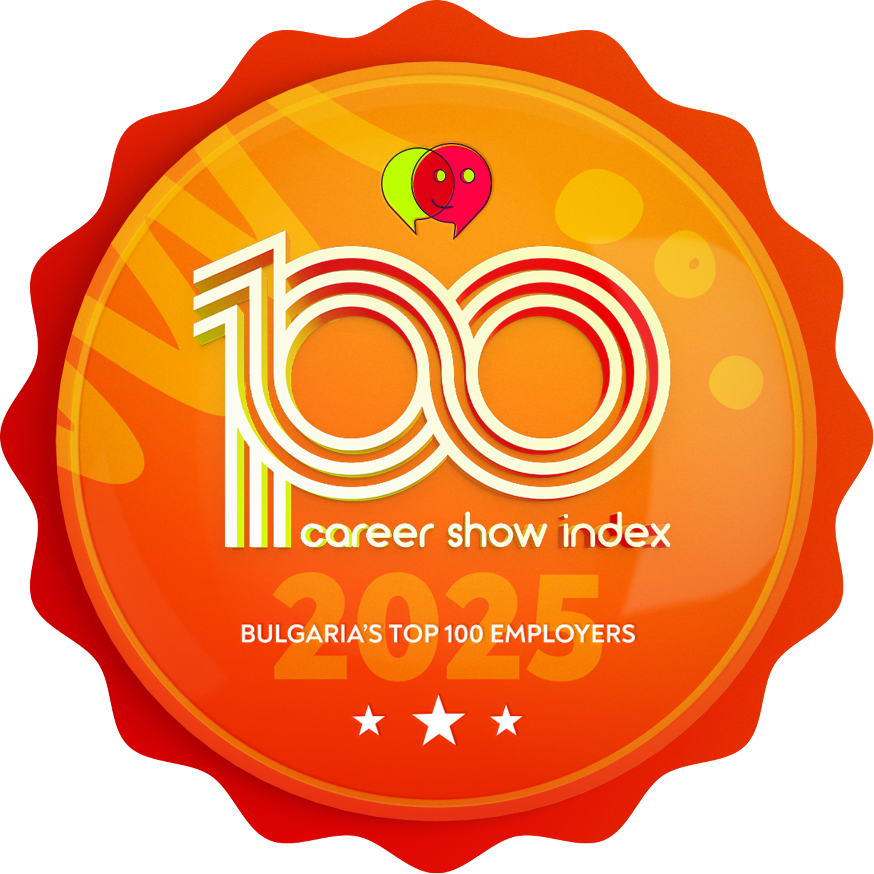 a round orange badge with white text and red and yellow stripes