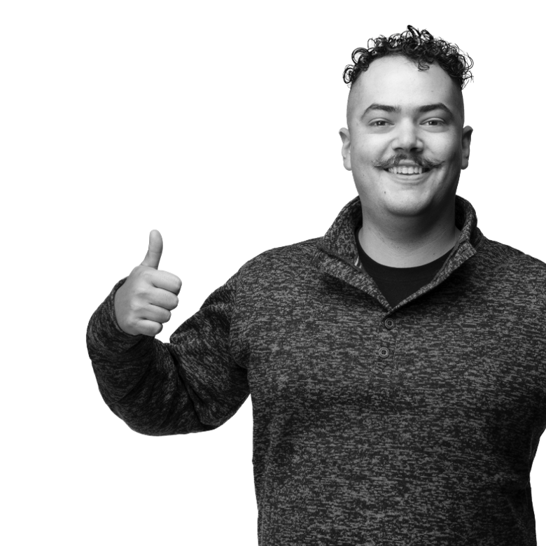 a man with a mustache giving a thumbs up