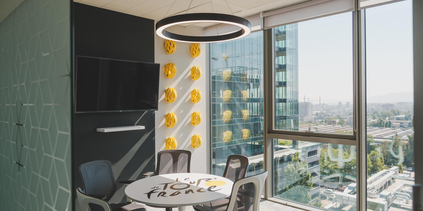 a room with a table and chairs