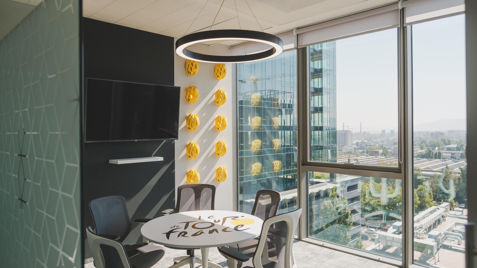 a room with a table and chairs