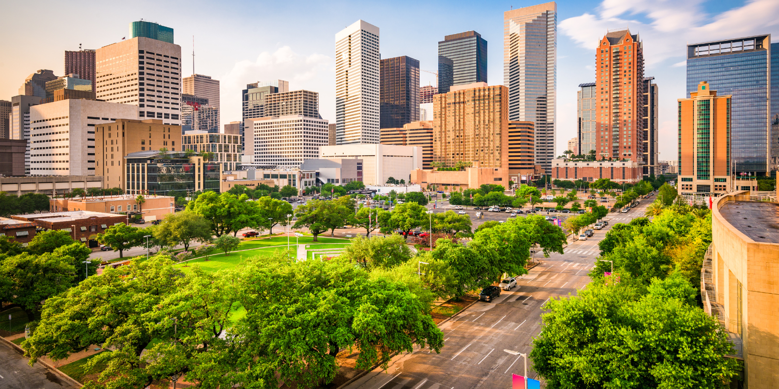 a city with trees and buildings