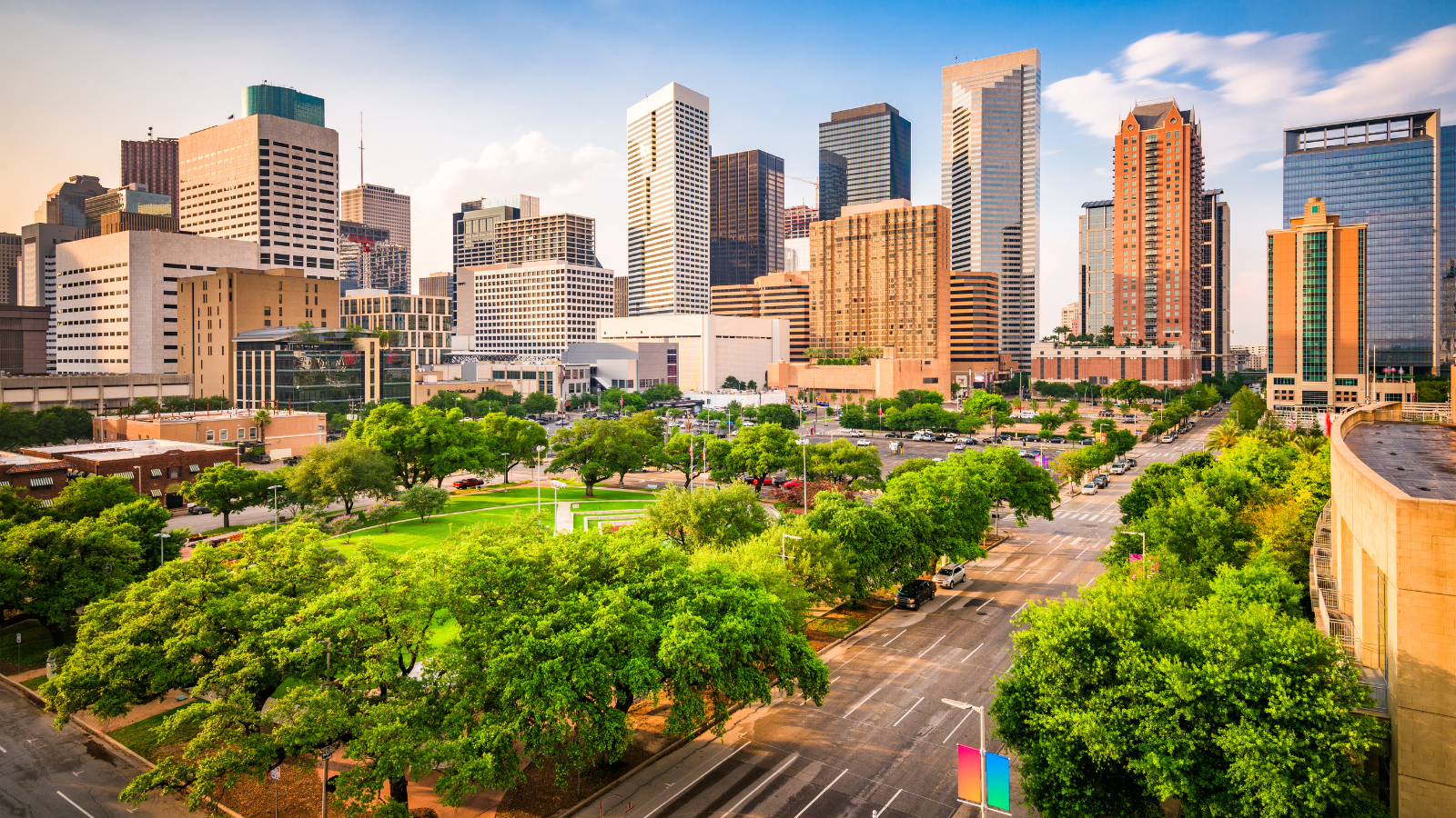 a city with trees and buildings