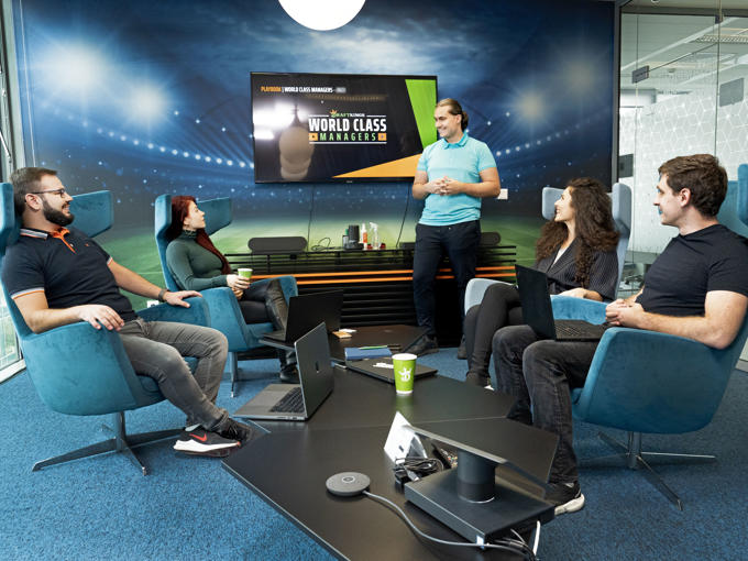 a group of people in a room